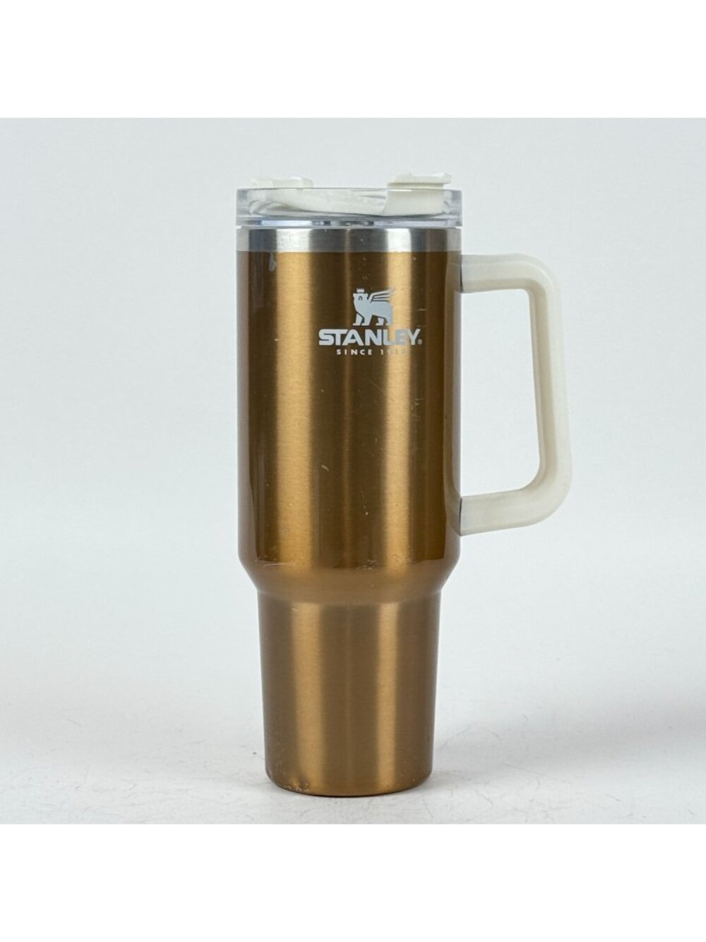 Stanley Quencher Stainless Steel 40 oz Travel Mug Bronze Gold White Handle Tumbl